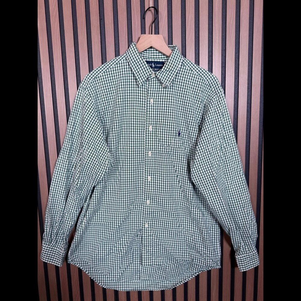 Ralph Lauren Shirt 16 / 34 / 35 Mens Green Check Gingham Long Sleeve Yarmouth